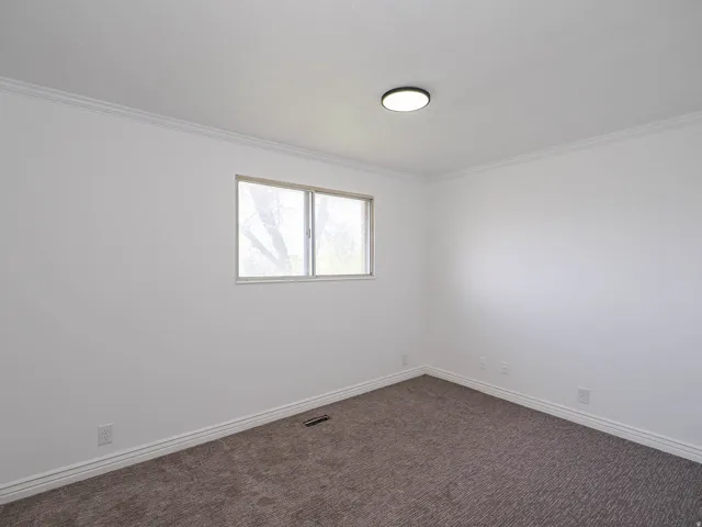 Unfurnished room with dark carpet and crown molding