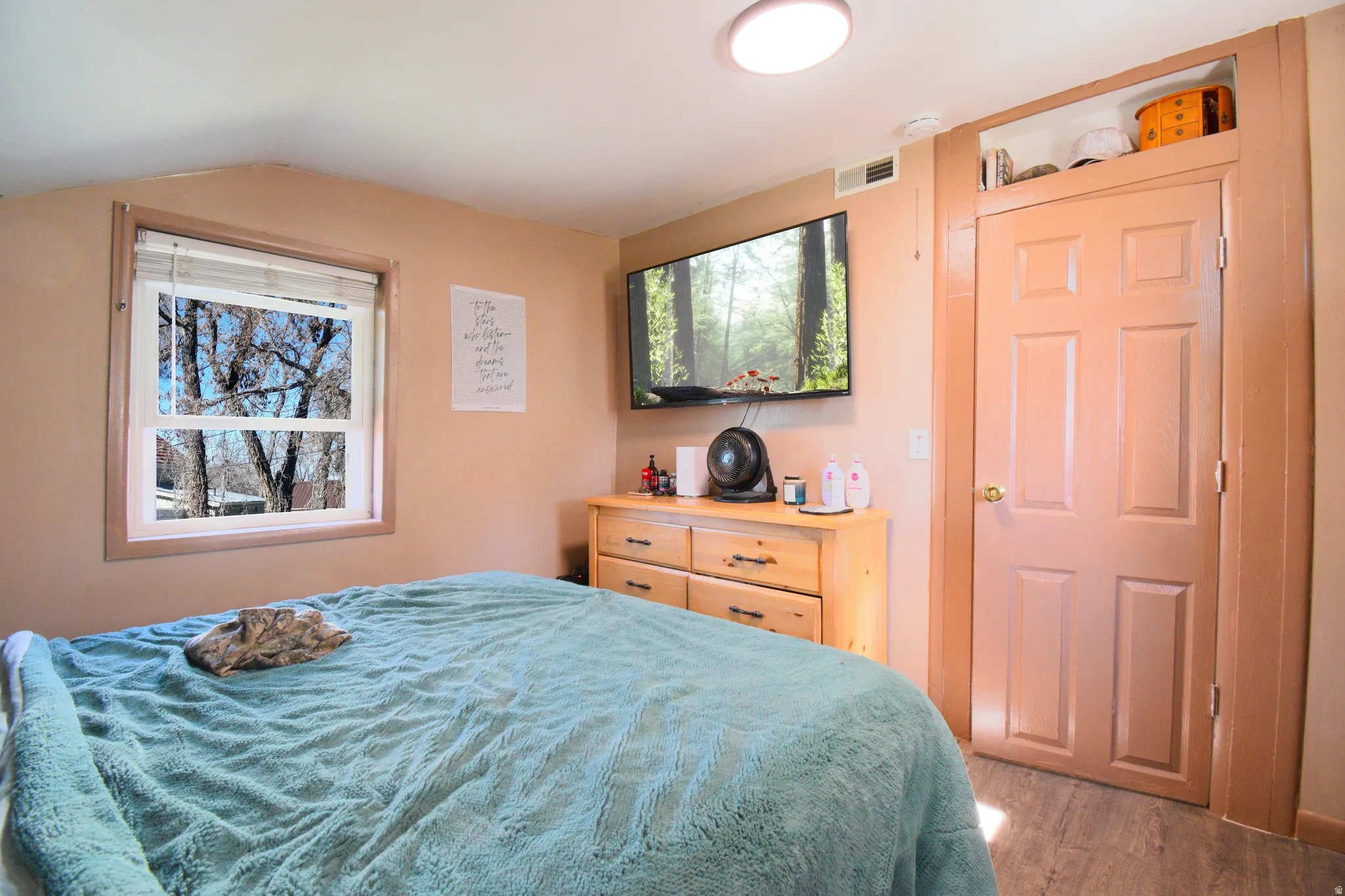 Bedroom with light wood finished floors and lofted ceiling
