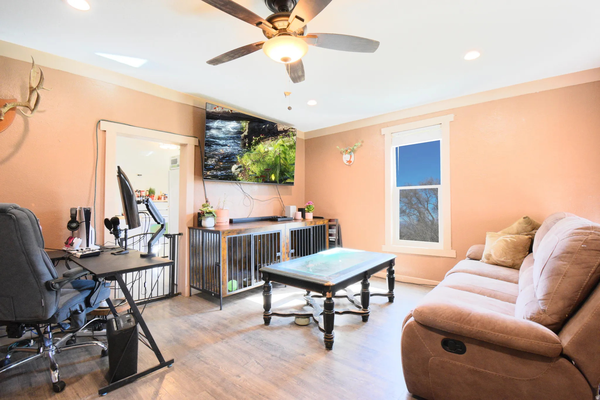 Living room featuring wood finished floors, ceiling fan, and recessed lighting