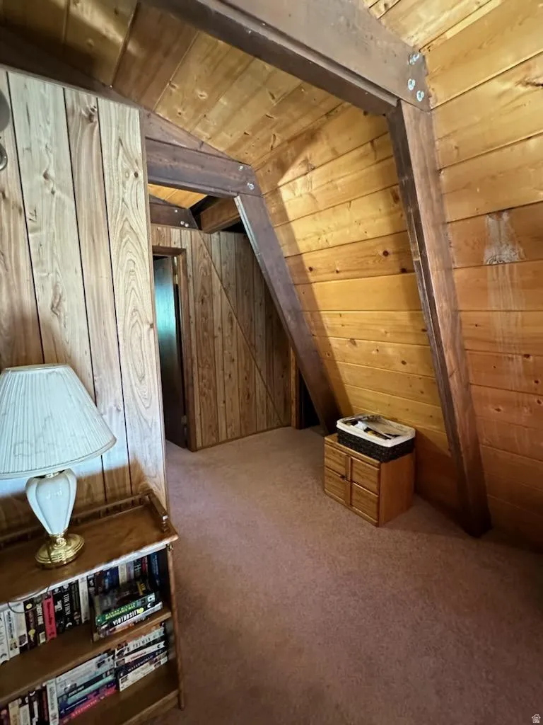 Additional living space with wooden walls, carpet, and wood ceiling