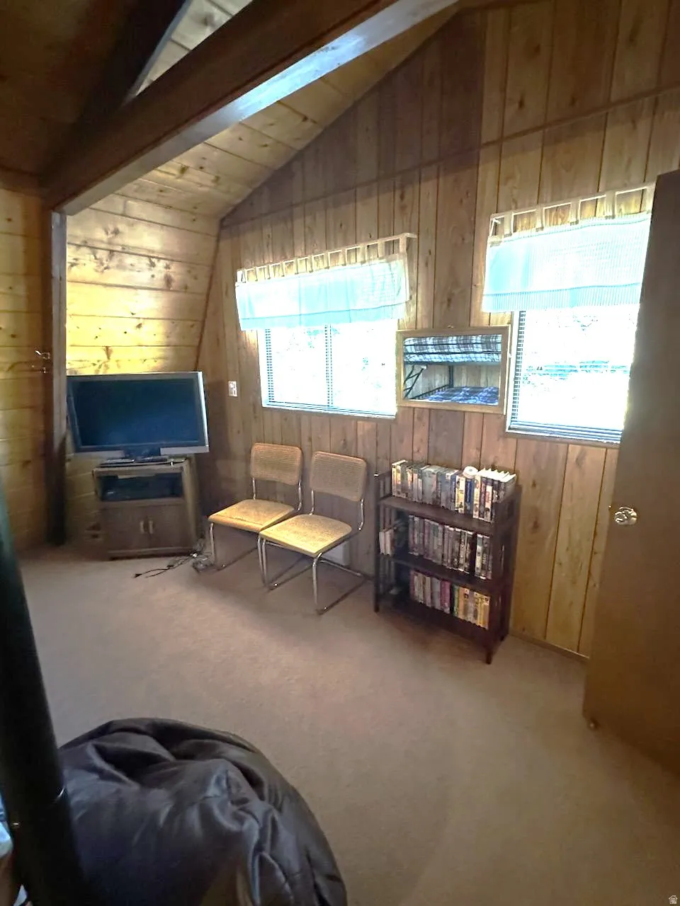 Carpeted living room featuring wooden walls and vaulted ceiling with beams