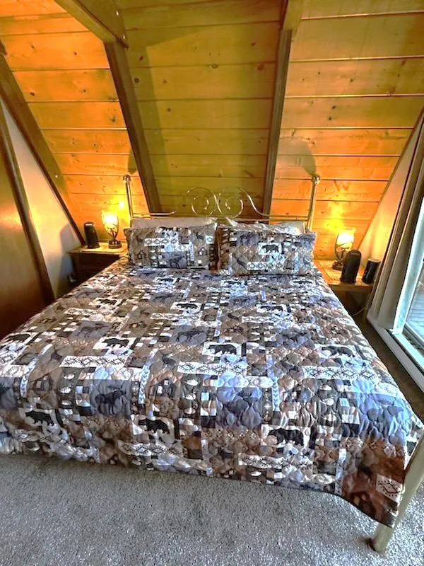 Carpeted bedroom with wood walls