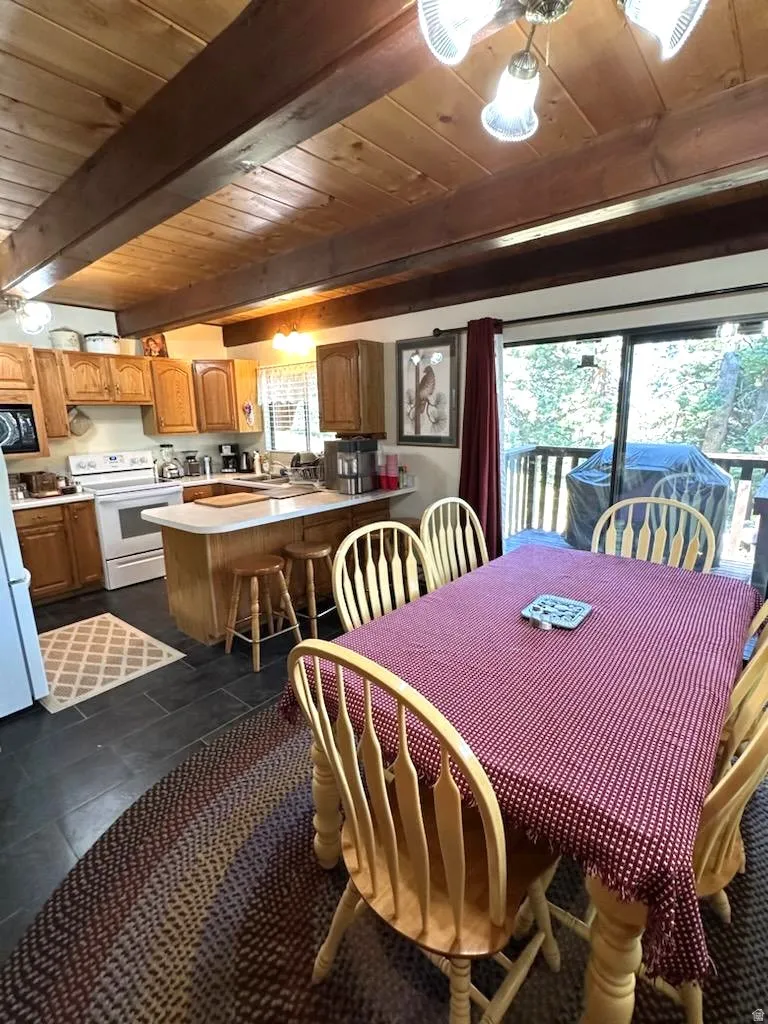 Dining room with a wooden ceiling with exposed beams