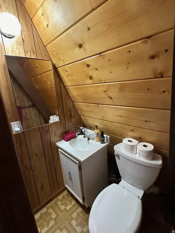 Bathroom with vanity, wood walls, and a vaulted wooden ceiling