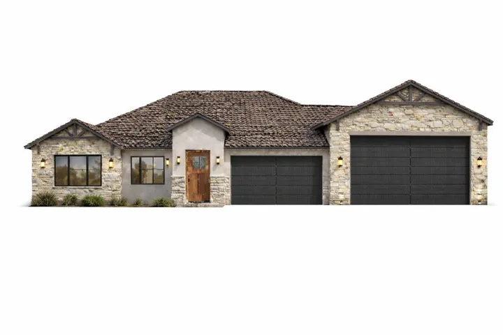 View of front of house featuring stone siding, a garage, concrete driveway, and stucco siding