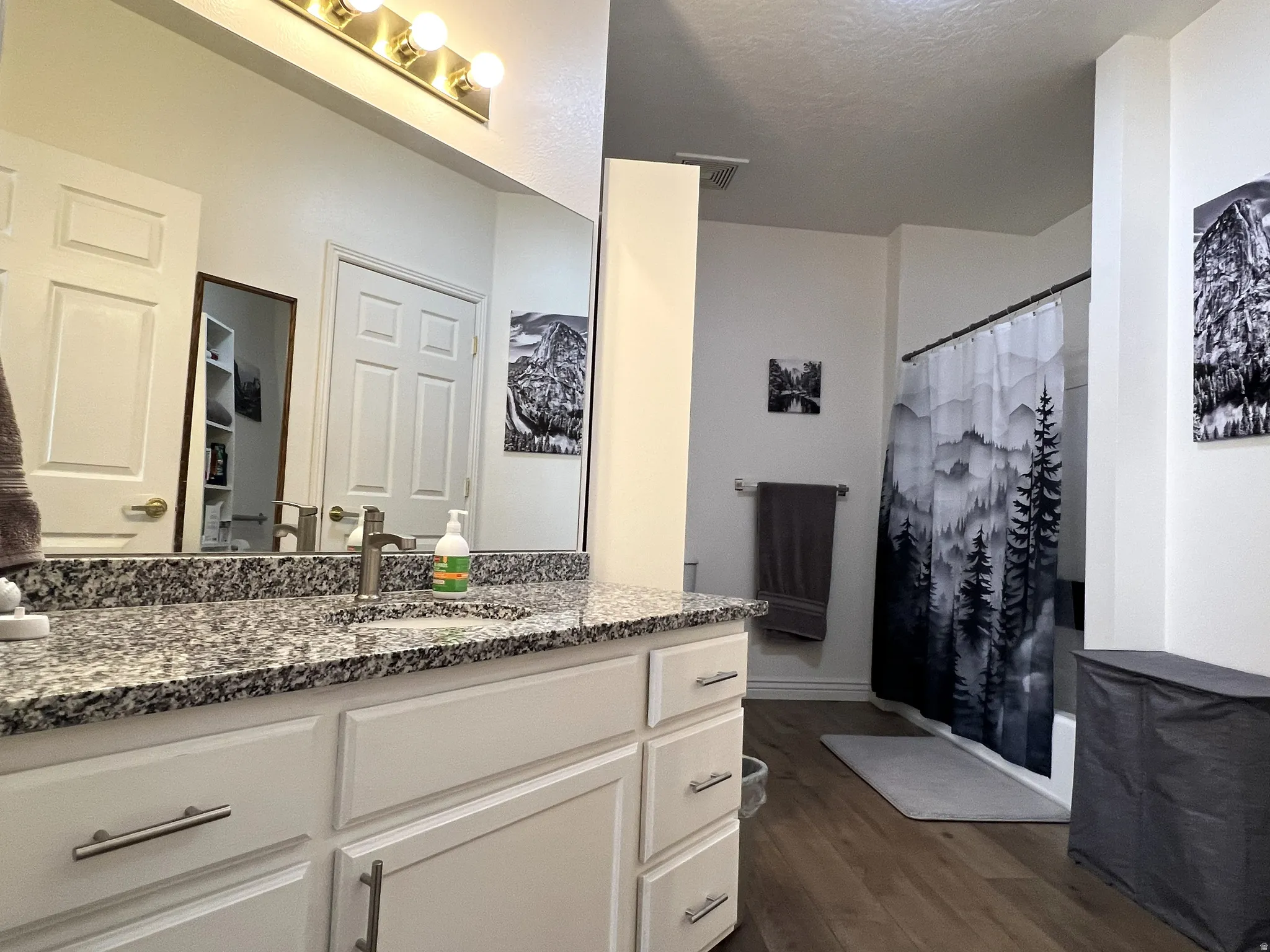 Full bath with vanity, dark wood-style flooring, and shower / bathtub combination with curtain