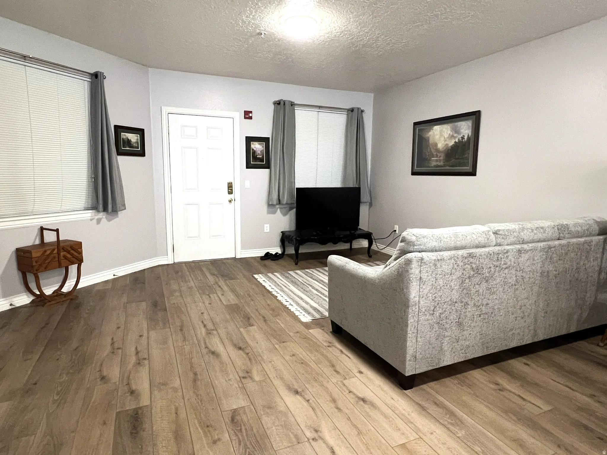 Living area featuring a textured ceiling and light wood-type flooring