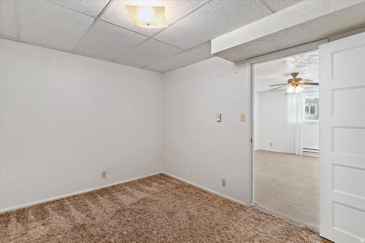 Unfurnished room featuring light carpet, a drop ceiling, and ceiling fan