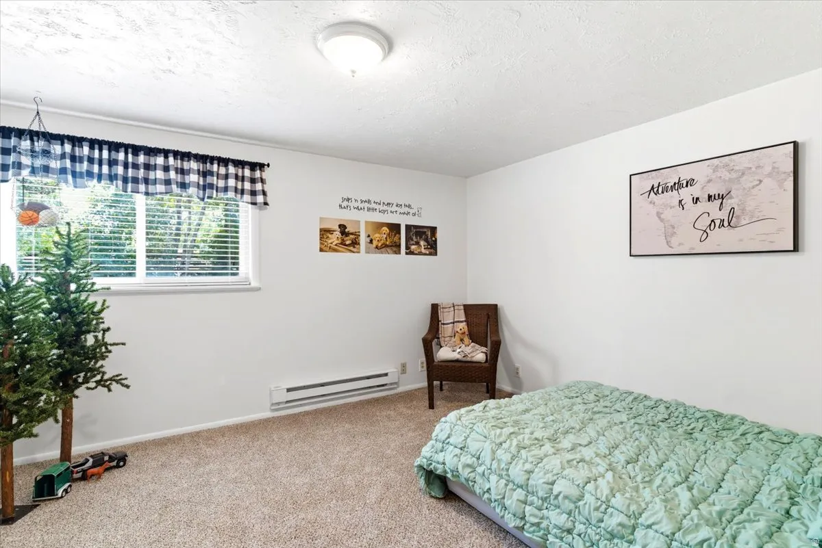 Carpeted interior with a single window featuring blinds and a valance