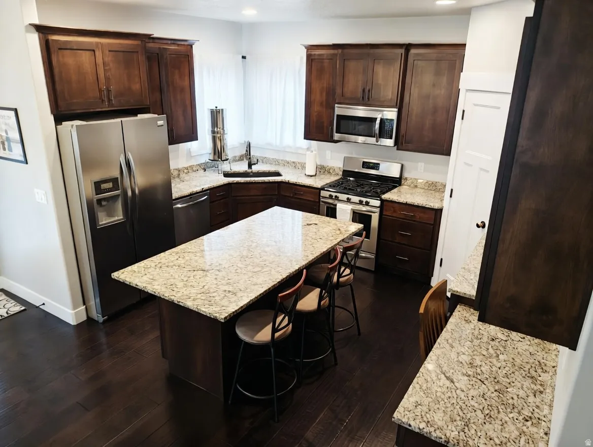 Kitchen featuring wood-finish flooring, dark wood cabinetry, and speckled light-toned countertops