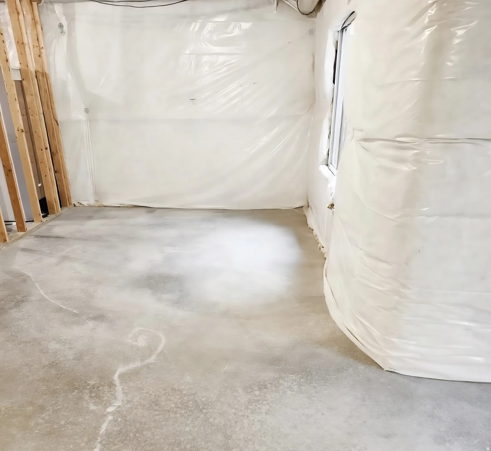 Unfinished lower level featuring exposed concrete flooring, wall insulation, a window, and exposed wood framing