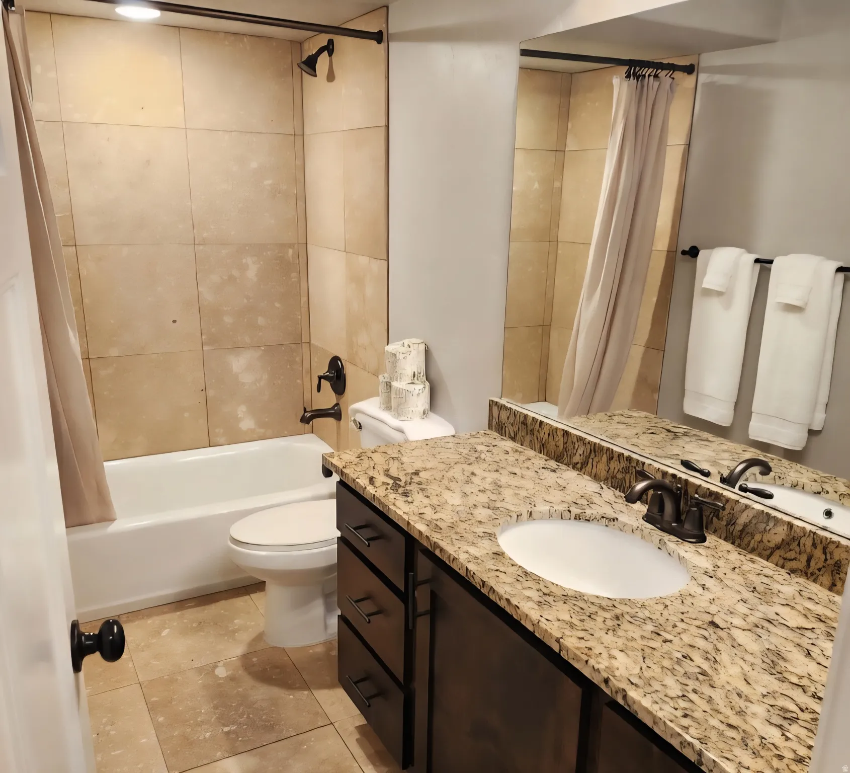 Full bathroom featuring a single vanity with stone-finish countertop, undermount sink, and dark bronze-finish fixtures