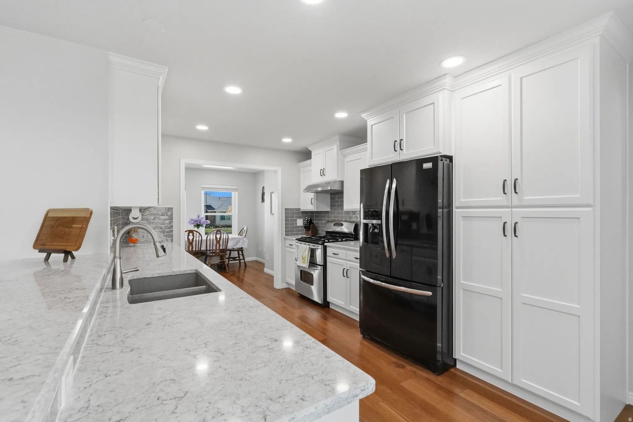View of kitchen from window seat.