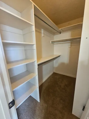 Master Bedrrom Walk-in closet featuring built-in shelving, multiple hanging rods, a central shelf, and carpet flooring