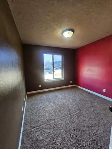 Carpeted room featuring a window with natural light, a ceiling-mounted light fixture, and textured ceilings