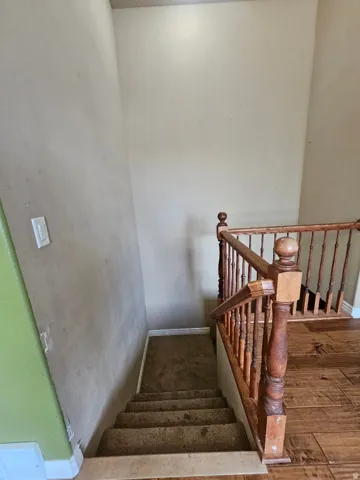 Staircase featuring wood-finish flooring, carpeted steps, and a carved wood banister