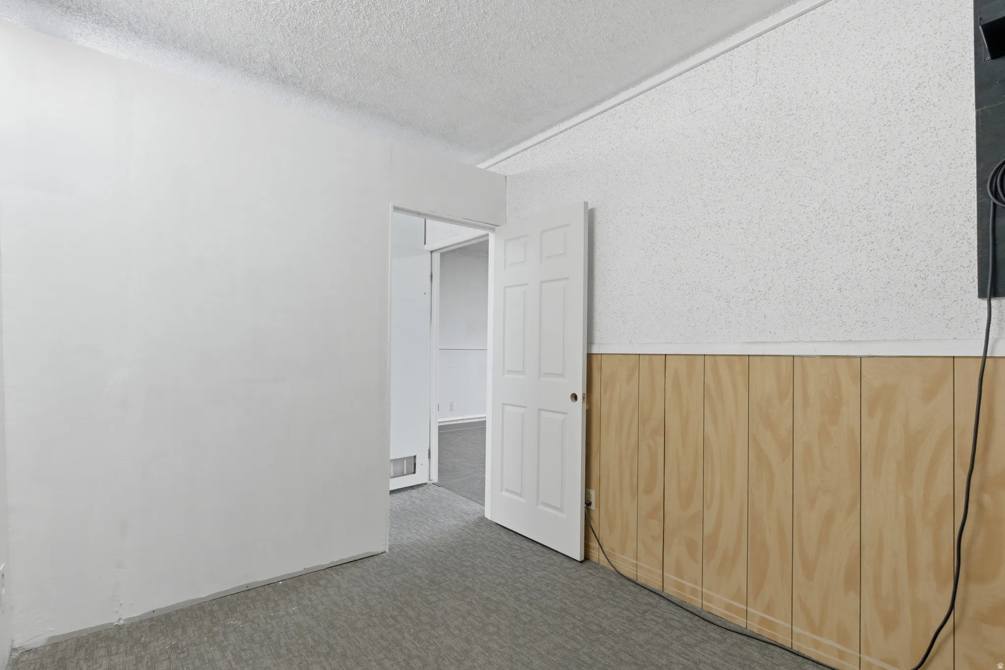 Interior space featuring wood paneling, white painted walls, and textured ceiling