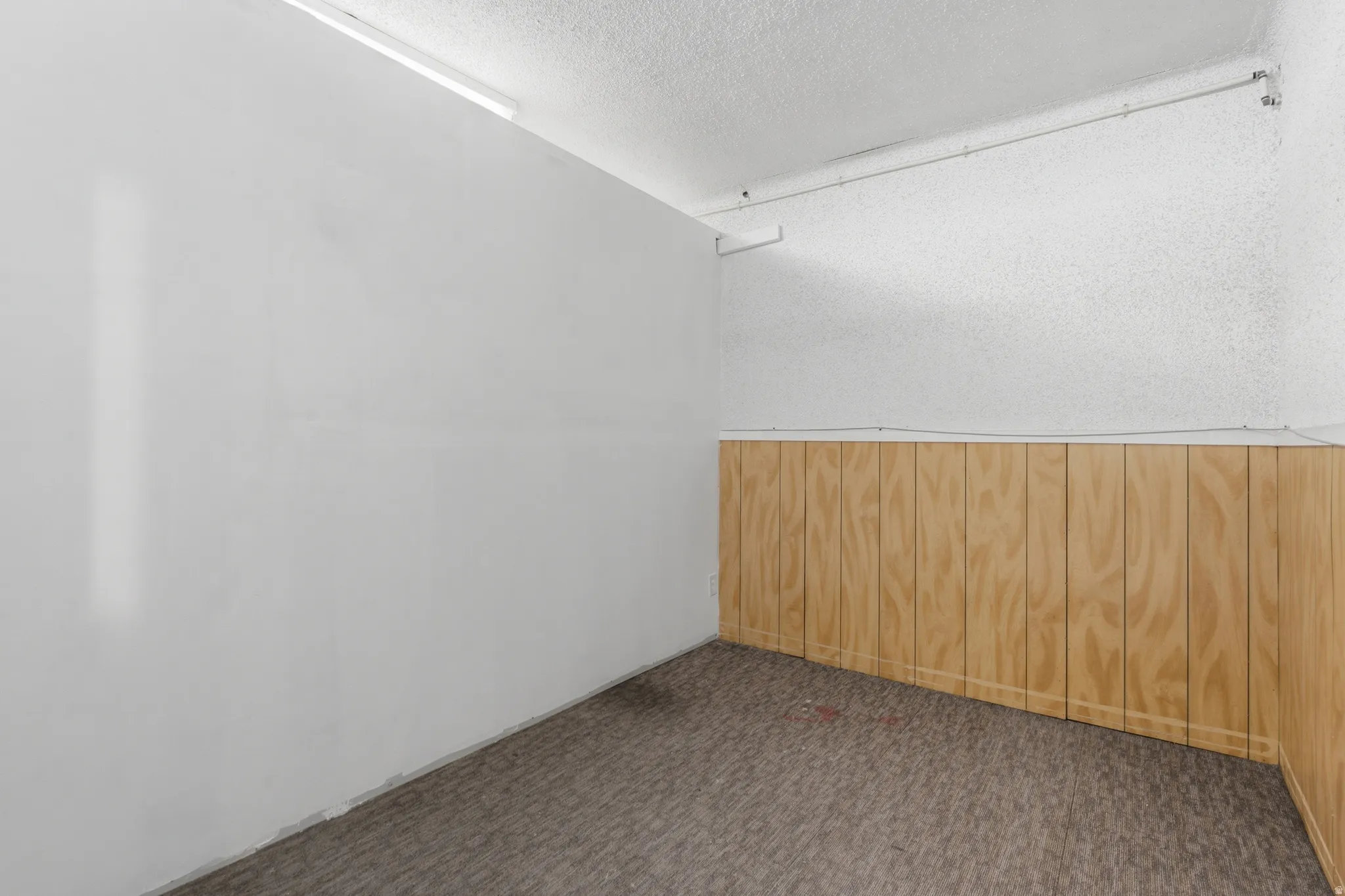 Interior space featuring a carpeted floor, white painted walls, and wood paneling