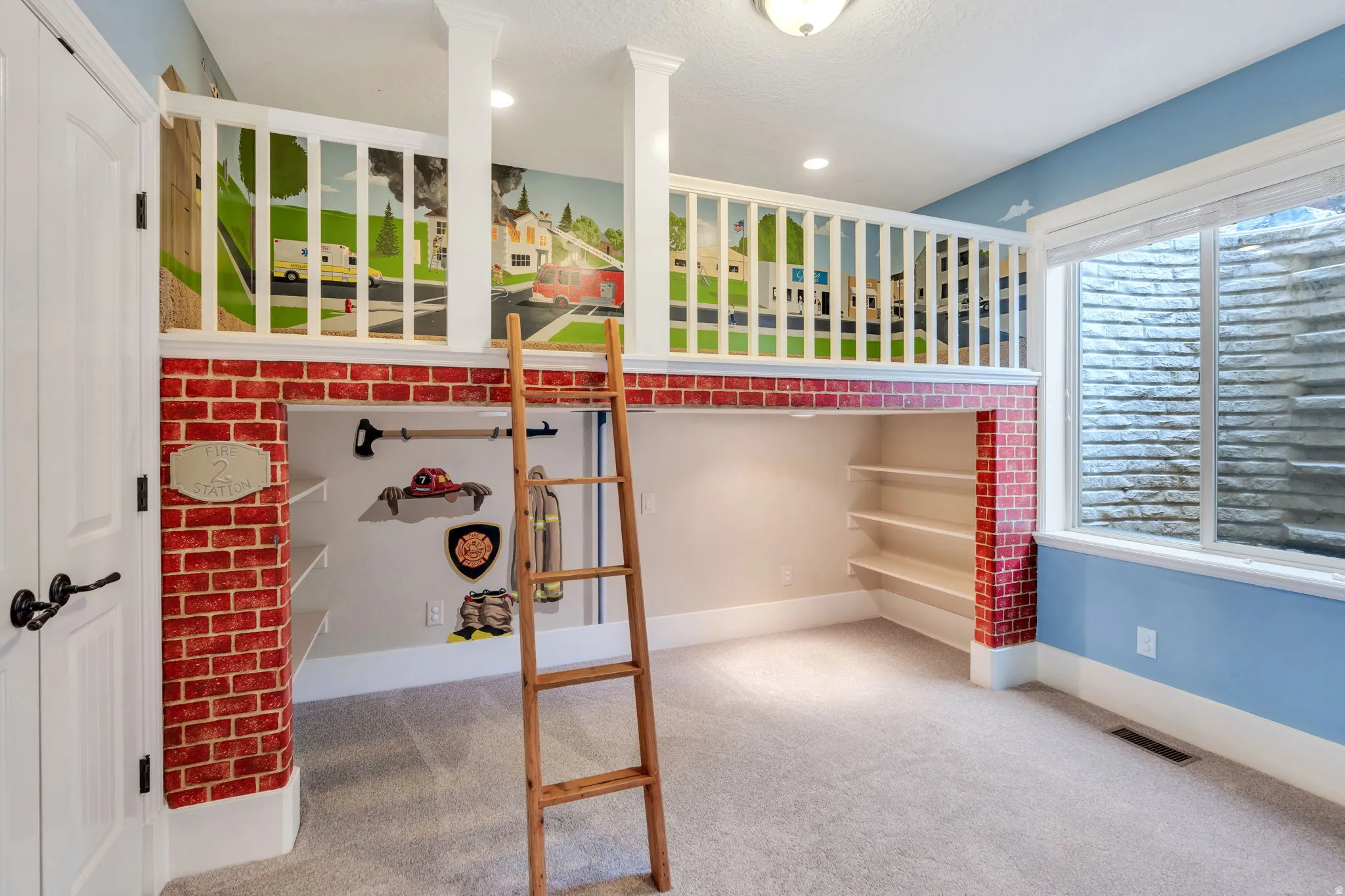 Unfurnished bedroom with light carpet and recessed lighting