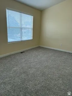 Spacious interior room featuring textured gray carpeting, cream-colored walls, and white baseboards