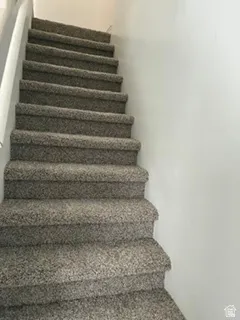 Carpeted staircase with light-colored walls and a partial handrail