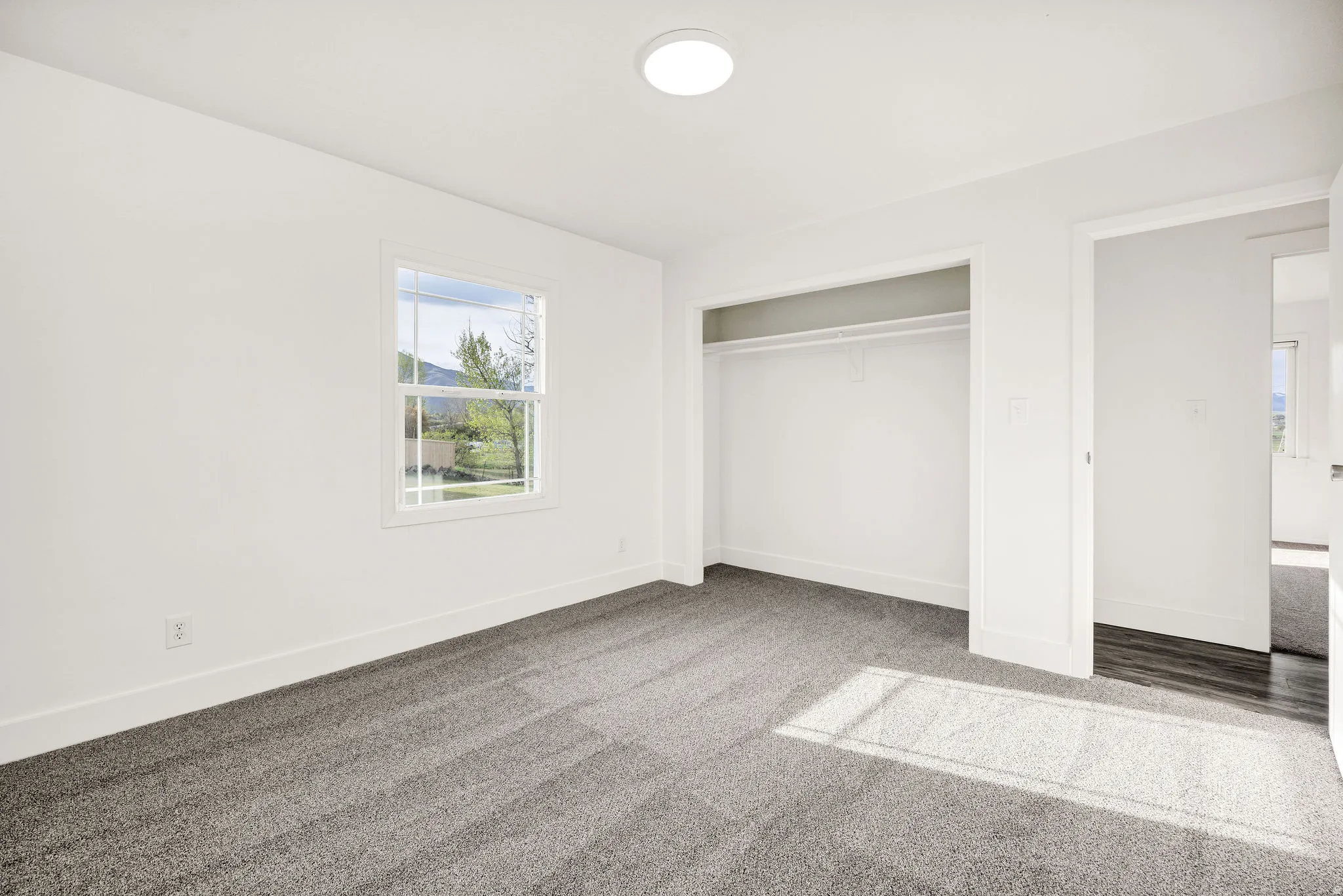 Unfurnished bedroom with light carpet and a closet