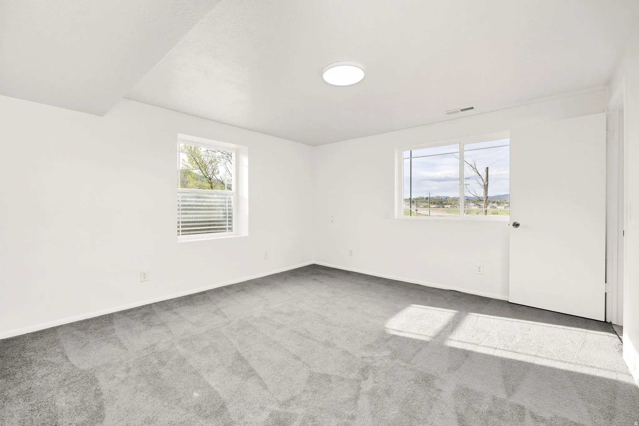Unfurnished room with light colored carpet and healthy amount of natural light