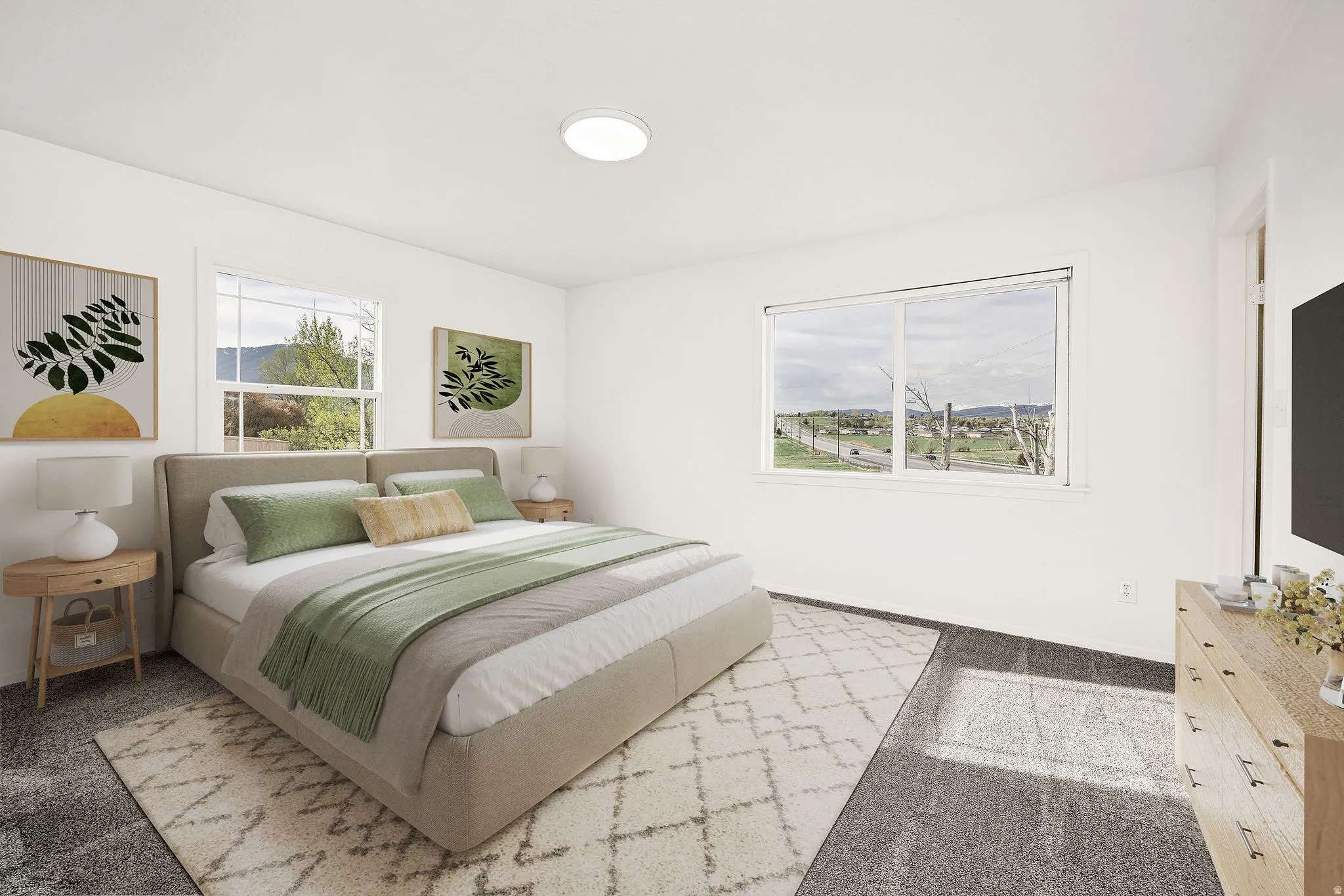 Virtually staged. Room featuring three windows, a ceiling-mounted light fixture, and carpet flooring