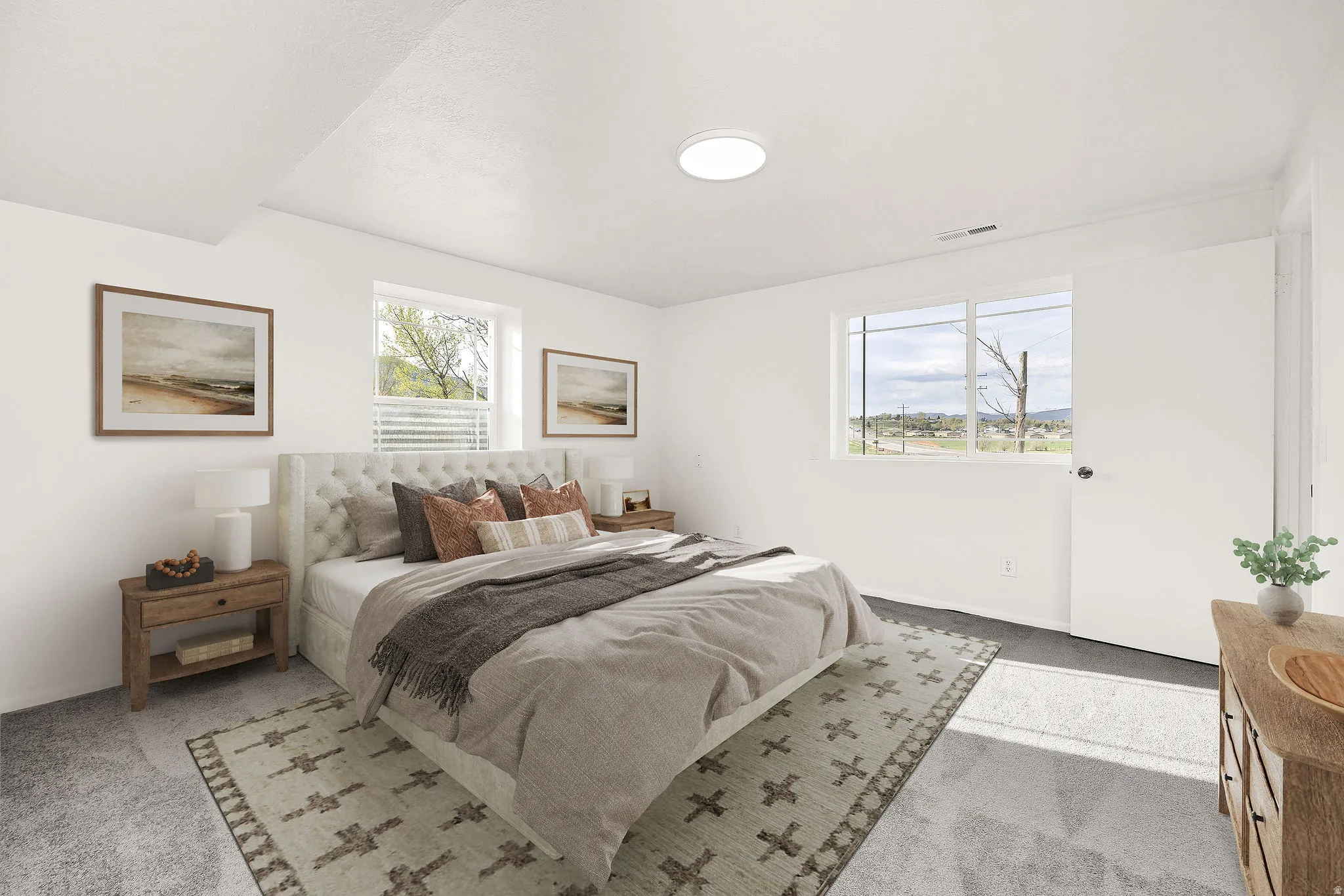 Virtually staged. Carpeted room with white walls, two windows, and a flush-mount ceiling light