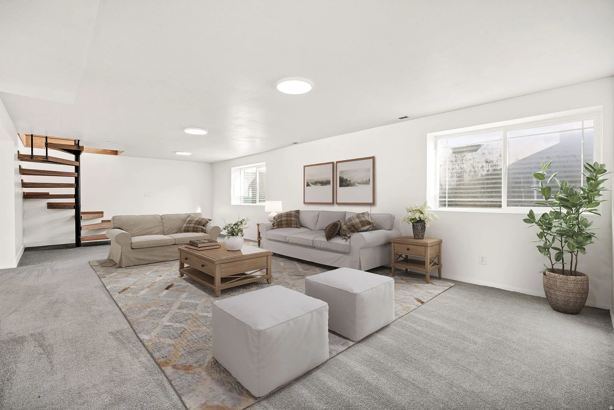 Virtually staged. Spacious living area featuring light gray carpet, multiple windows, a spiral staircase with wood treads, recessed lighting, and white walls