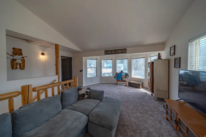 Carpeted living area featuring lofted ceiling and plenty of natural light