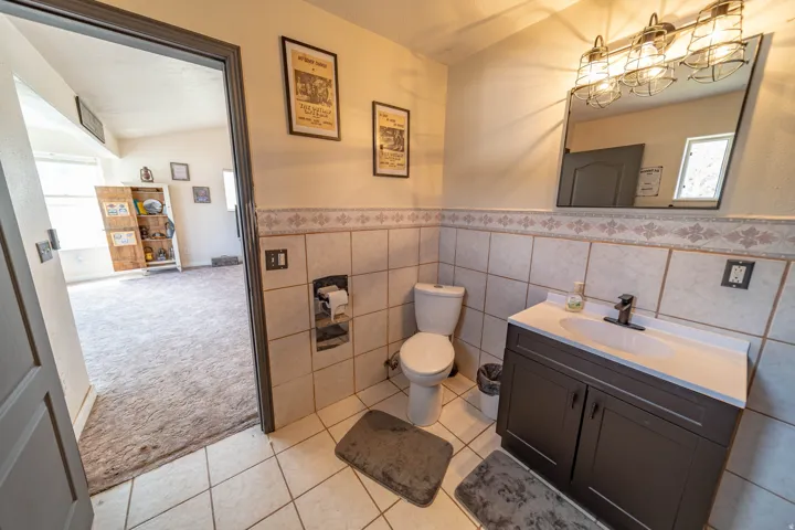 Half bathroom with vanity, healthy amount of natural light, tile walls, light carpet, and a wainscoted wall