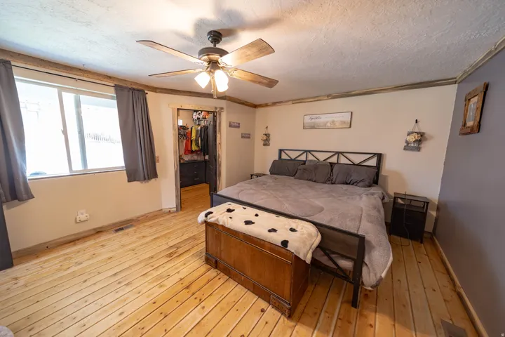 Bedroom with a walk in closet, light wood-style floors, a ceiling fan, a textured ceiling, and ornamental molding