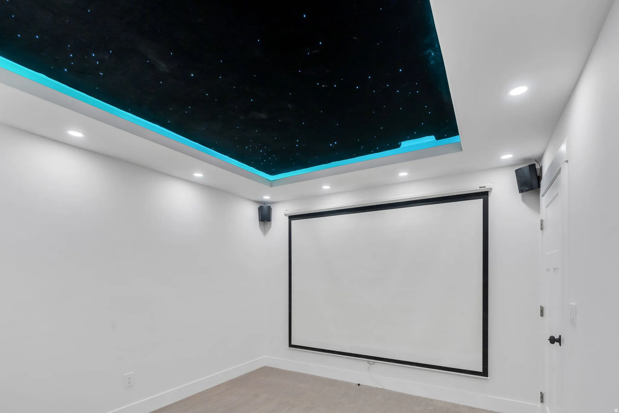 Home theater featuring recessed lighting and a tray ceiling