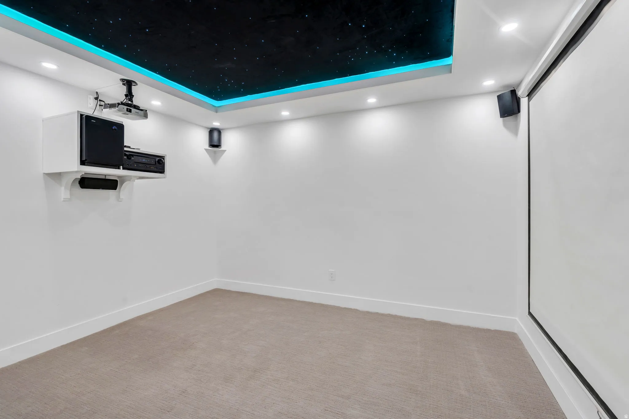 Carpeted cinema featuring recessed lighting and a tray ceiling