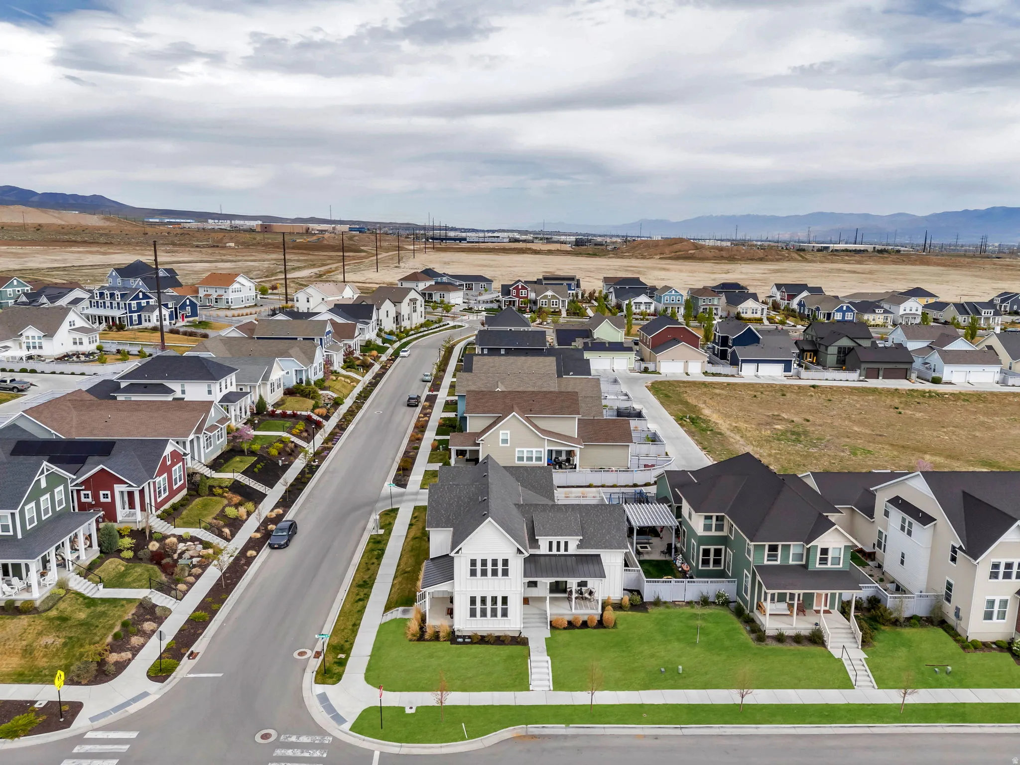 Aerial view of residential area with mountains