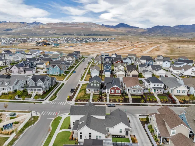 Aerial perspective of suburban area featuring mountains