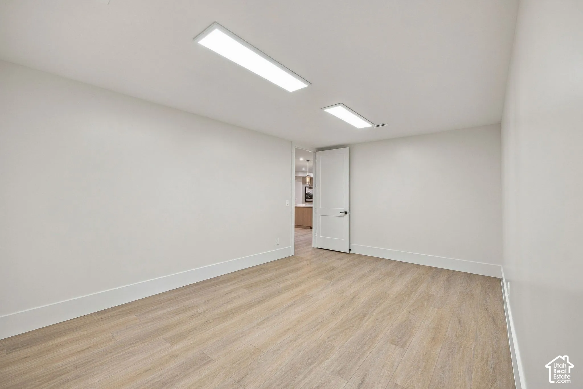 Interior space featuring wood-finish flooring, neutral wall tones, dual rectangular recessed LED light fixtures, and a white interior door with matte black hardware