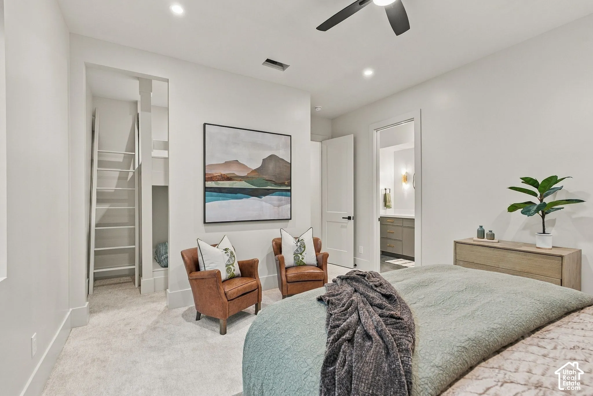 Bedroom featuring neutral carpeting, recessed lighting, a modern ceiling fan, and a built-in bunk alcove with a ladder