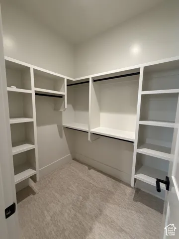 Walk-in closet featuring built-in white shelving, hanging rods, and patterned carpeting