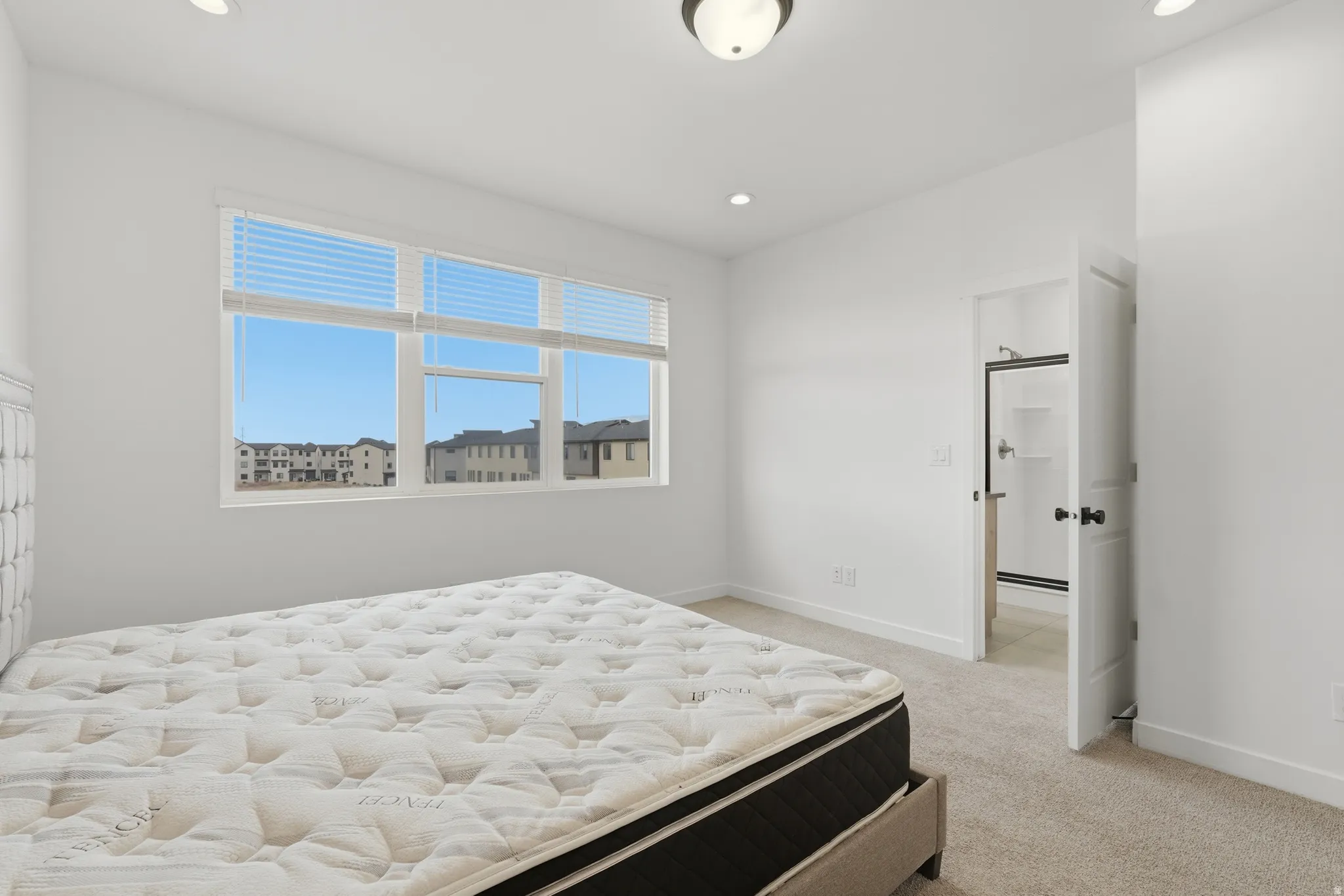Bedroom featuring light carpet and recessed lighting