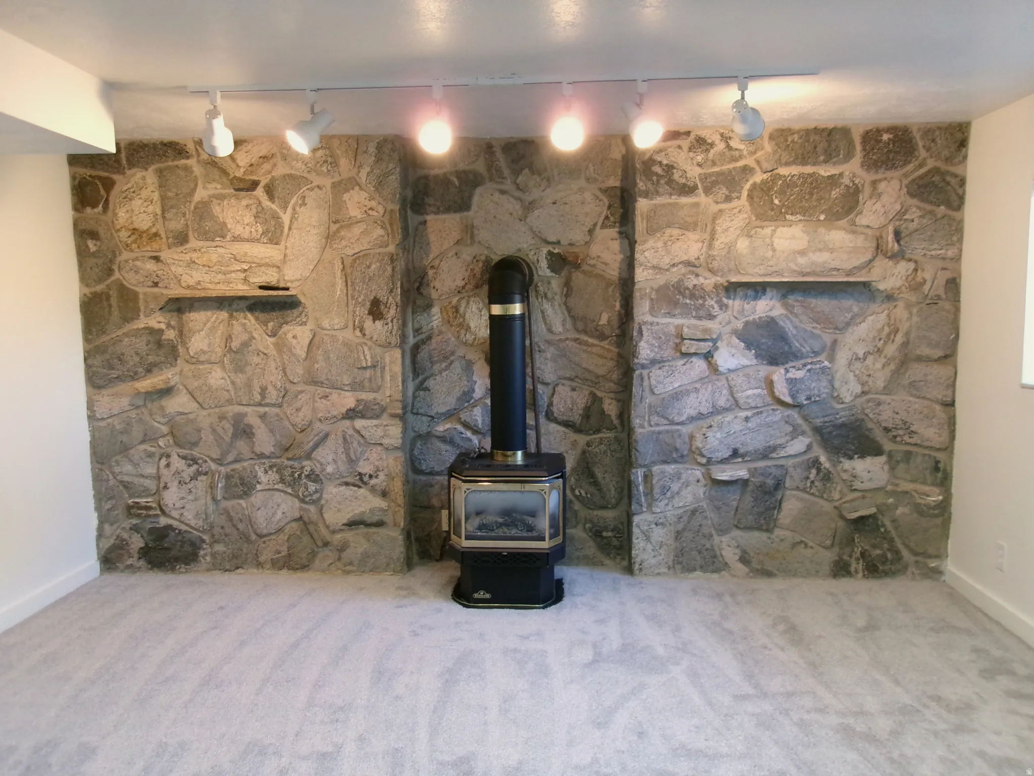 Detailed view of rail lighting, carpet flooring, and a wood stove