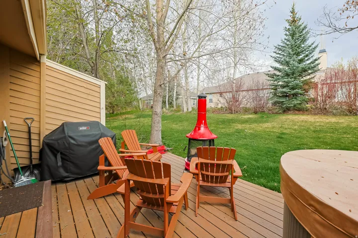 Wooden terrace with a grill and a lawn
