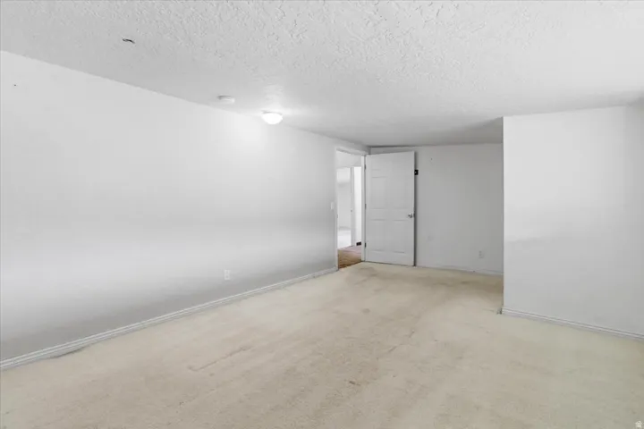 Unfurnished room with light colored carpet and a textured ceiling
