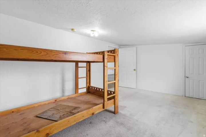 Basement with a textured ceiling and carpet floors