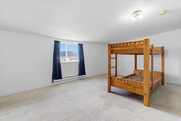 Bedroom with light colored carpet, a baseboard heating unit, and a textured ceiling