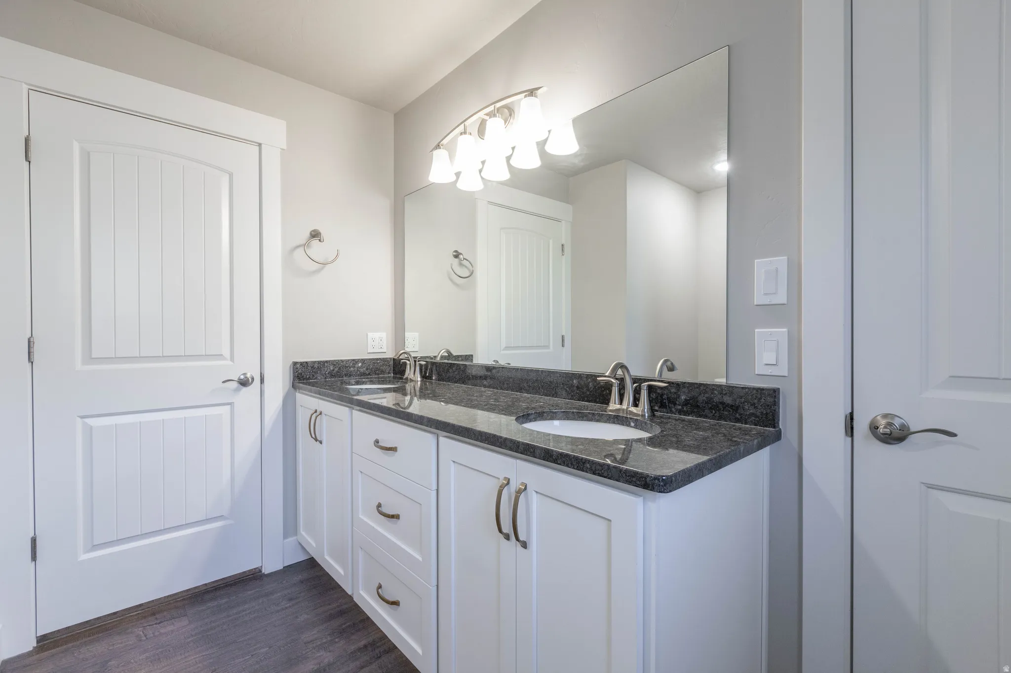 Bathroom with double vanity and dark wood-style floors