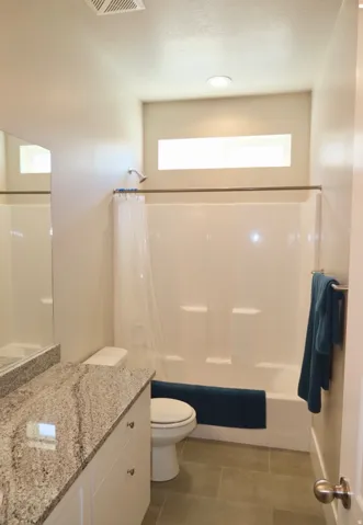 Full bath with vanity, plenty of natural light, and shower / bath combo