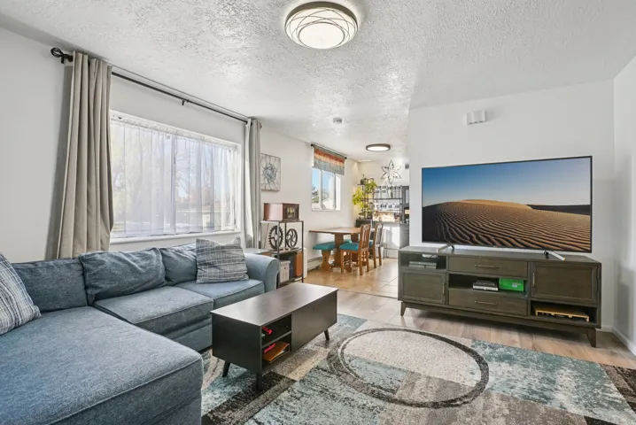 Living room featuring light wood-type flooring and a textured ceiling