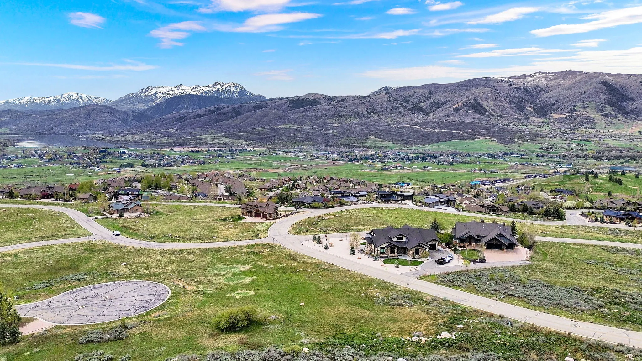 Aerial view of residential area with mountains